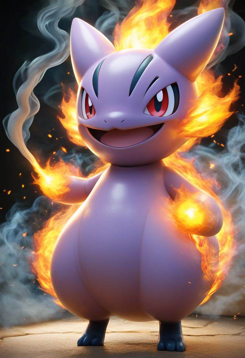 pokemon (creature), solo, no humans, open mouth, standing, fire, full body, red eyes, smoke, smile