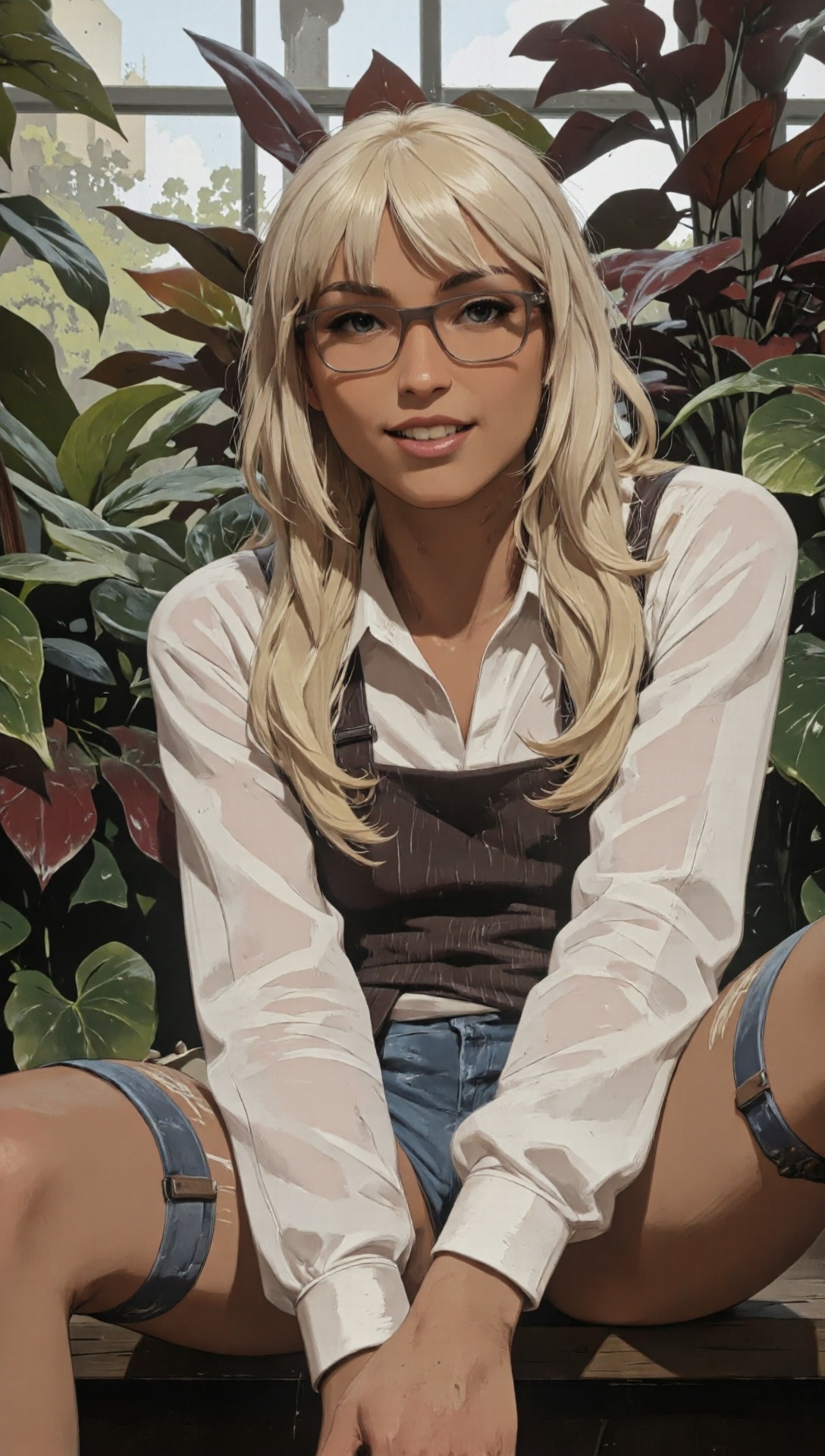 The image is a high-resolution ******* photography of african woman with blonde Long Feathered Bangs hair. She is wearing...