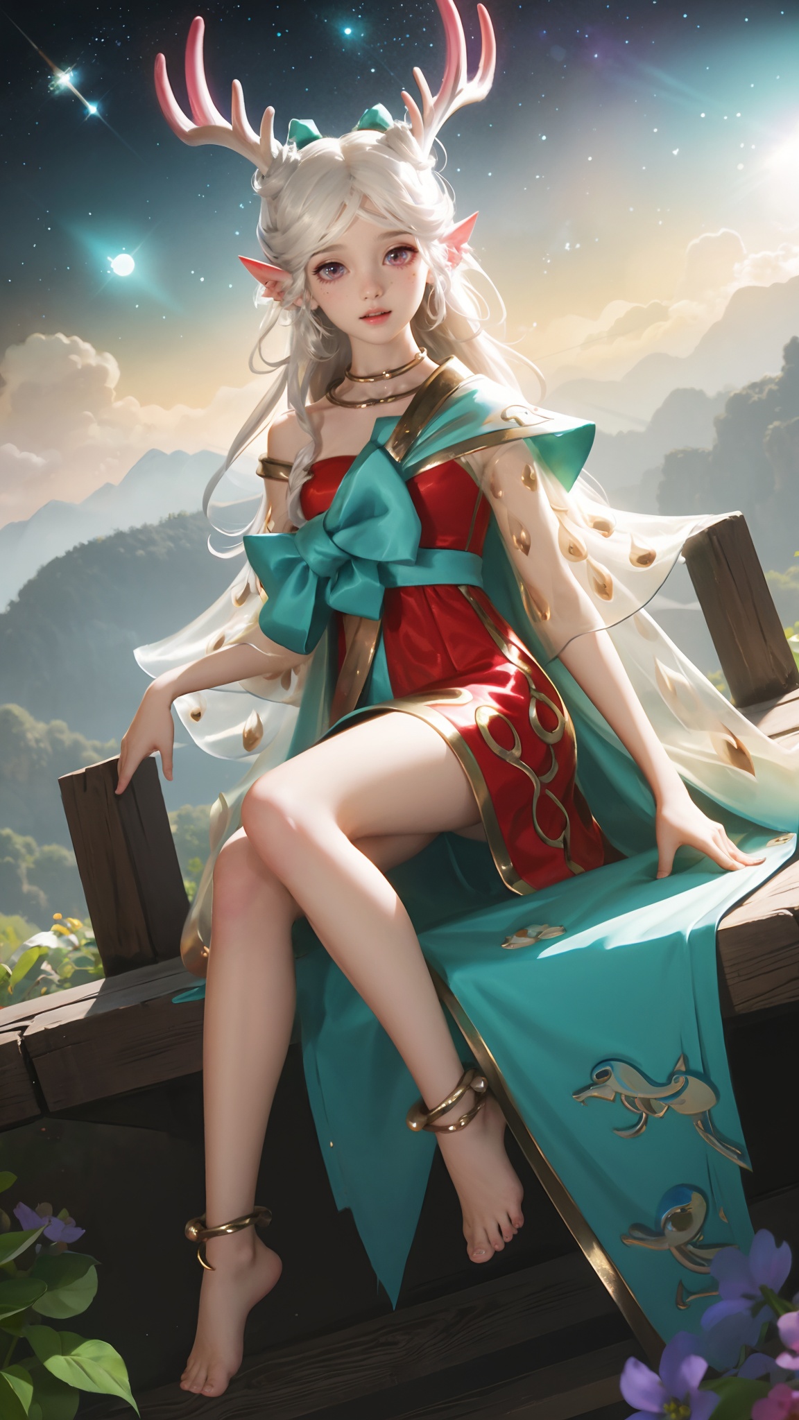 1girl,solo,antlers,pointy ears,white hair,dress,jewelry,anklet,long hair,looking at viewer,capelet,bow,<lora:瑶妹:0.75>,scenery,starry_sky,stars,sky,see-through,barefoot,sitting,