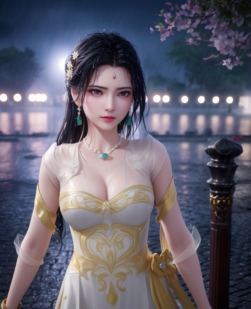 <lora:614-DA-炼气十万年-朴灵儿:0.8>(,1girl, ,best quality, ),looking at viewer, ,ultra detailed 8k cg, ultra detailed background,  ultra realistic 8k cg,          cinematic lighting, cinematic bloom, (( , )),,  , unreal, science fiction,  luxury, jewelry, diamond, pearl, gem, sapphire, ruby, emerald, intricate detail, delicate pattern, charming, alluring, seductive, erotic, enchanting, hair ornament, necklace, earrings, bracelet, armlet,halo,masterpiece, (( , )),,  ,cherry blossoms,(((, night,night sky,lamppost,  ultra high res, (photorealistic:1.4), raw photo, 1girl, , rain, sweat, ,wet, )))(( , ))   (cleavage), (),