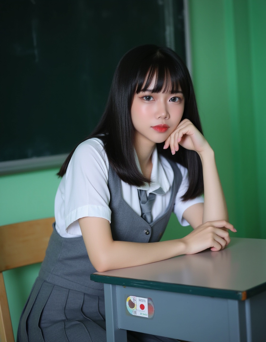 A photograph of a young Asian woman with straight black hair and bangs, sitting at a desk in a classroom. She wears a traditional Japanese schoolgirl uniform: a white blouse with black trim, a grey pleated skirt, and a grey necktie. Her expression is neutral, and she rests her chin on her right hand, which is touching her cheek. The classroom background features green walls and a blackboard on the left. The desk has a Japanese flag sticker. The overall mood is contemplative and slightly melancholic.