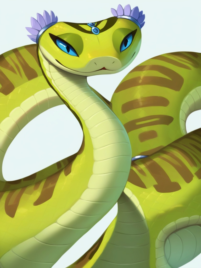 Masterpiece,Best Quality,master viper,snake,full body,feral,solo,headdress,perfection detail,extreme detail,solo,green body,<lora:master viperXL:1>,simple background,face_focus,
