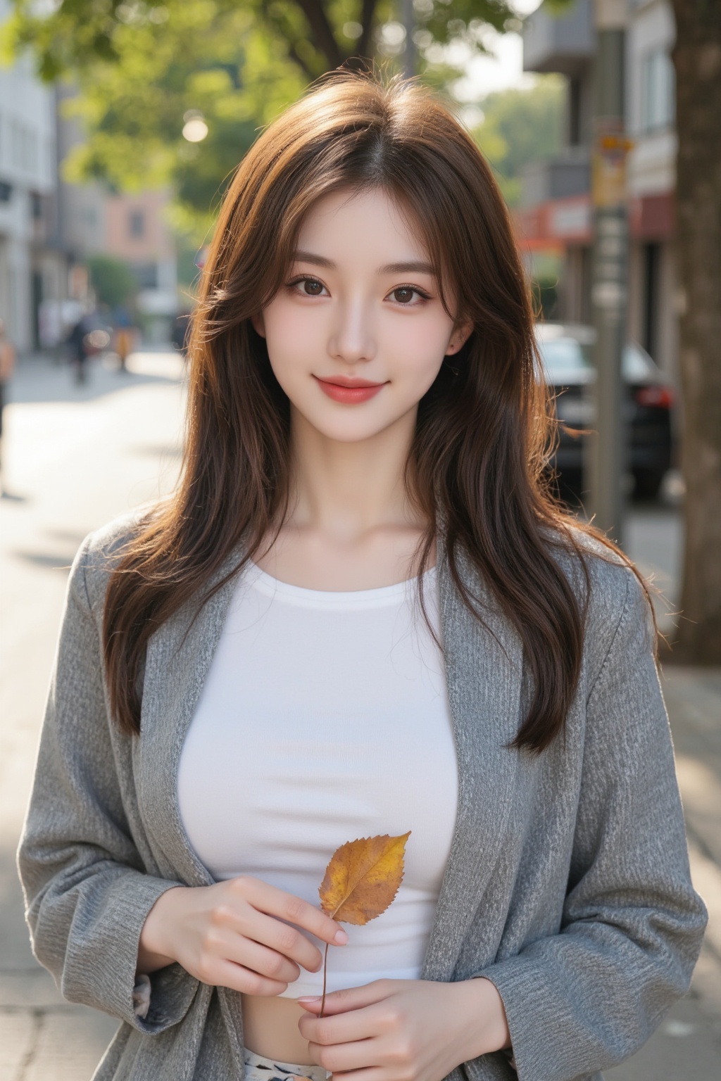 a young woman standing on the street. She is dressed in a white top and grey jacket, holding a brown-yellow leaf in her hand. Her hair is brown and falls in loose waves. She appears to be in a good mood, smiling and looking at the camera. The background shows a street lined with buildings and trees, with sunlight filtering through the leaves, creating a warm atmosphere. In the distance, one can see some pedestrians and bicycles.