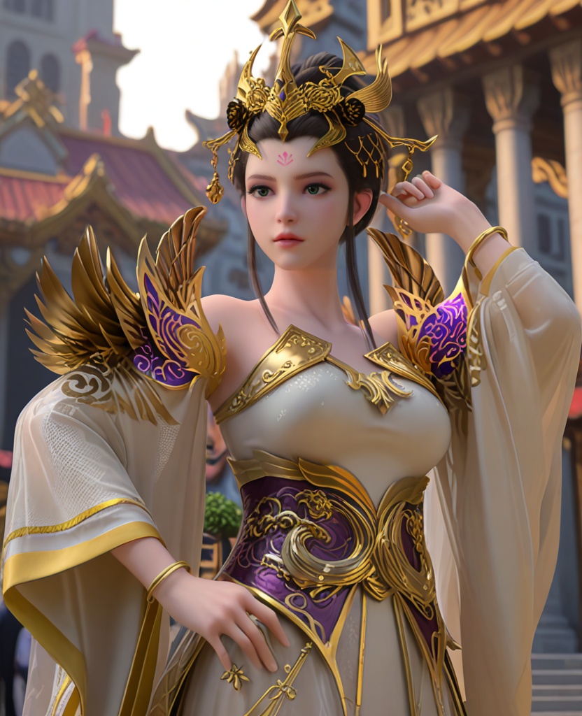 (oriental architecture, elegant decor, sophisticated style:1.1),(practicing push-up:1.1),(breasts:1.2),<lora:XL雪鹰领主墨阳琦:0.95>,miss moyangqi,white dress,gold trim,hair ornament,forehead mark,hair bun,earlock,black hair,mesh sleeves,green eyes,sash,see-through overskirt,bracelet,, score_9,score_8_up,score_7_up,score_6_up,score_5_up,score_4_up,3d rendering,tag1,tag2, Cinematic Lighting,backlighting,