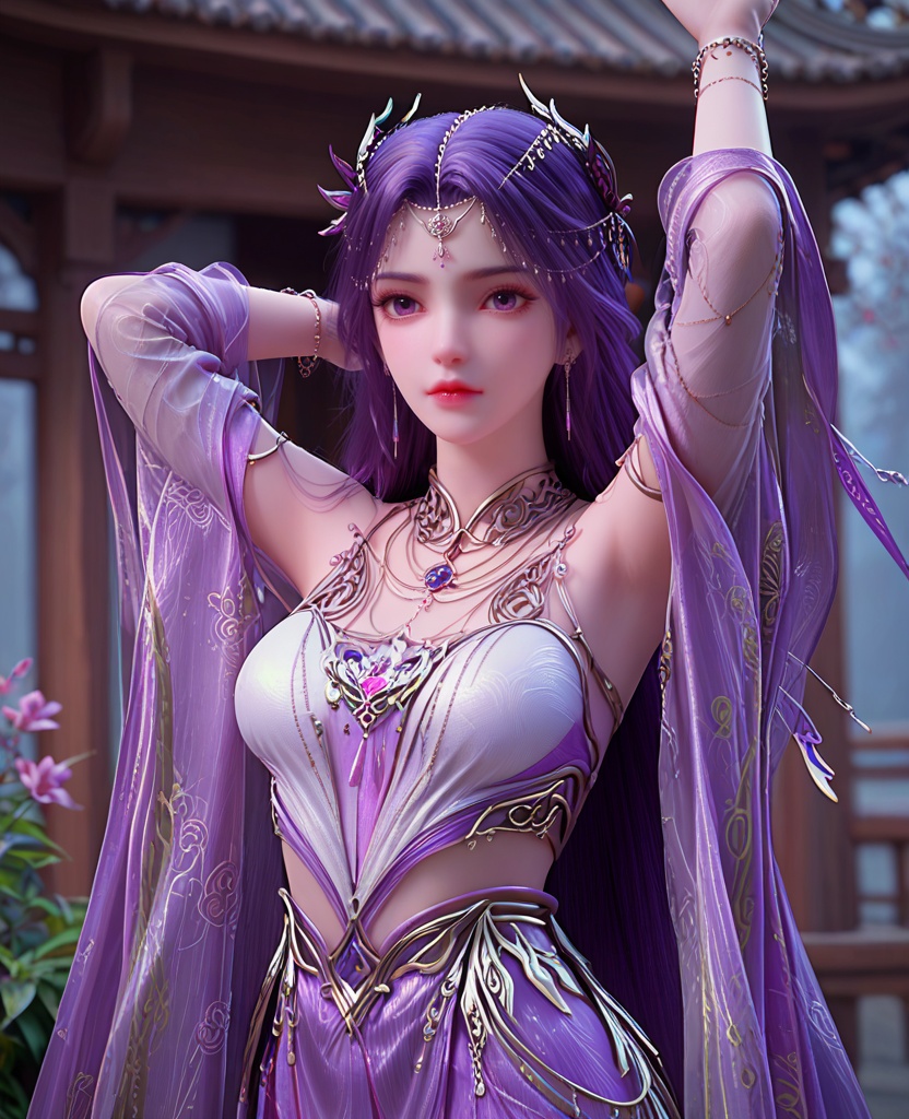 (oriental architecture, elegant decor, sophisticated style:1.1),With arms raised and fingers intertwined above her head, stretching upwards, she channels energy and rejuvenation,(breasts:1.2),<lora:XL完美世界云曦天命石:0.95>,miss yunxi,solo,white outer and purple inner double dress,purple eyes,purple hair,absurdly long hair,hair ornament,jewelry,earrings,necklace,sash and overskirt,shawl,see-through wide sleeves,, zPDXL2, score_9, score_8_up, score_7_up BREAK realistic, masterpiece,best quality, highly detailed,, zPDXL3, zPDXL2,zPDXL, zPDXLxxx, zPDXLrl,