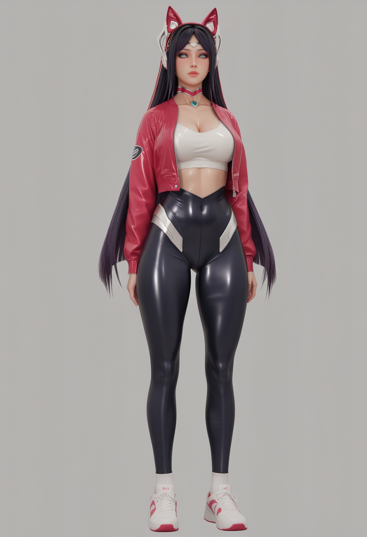 (score_9),1girl,solo,<lora:艾瑞利亚-Apony-000008:0.83>,arily,dark purple hair,long hair,hair ornament,choker,forehead ornament,blue eyes,animal ear headphones,cropped jacket,latex bodysuit,standing,socks,sneakers,(arms behind back),BREAKsolo focus,front view,looking at viewer,<lora:e肤色滑块:0.6>,(white_skin),(sweaty skin),(light_skin),very sweaty,sweatdrop,BREAKsimple background,white background,
