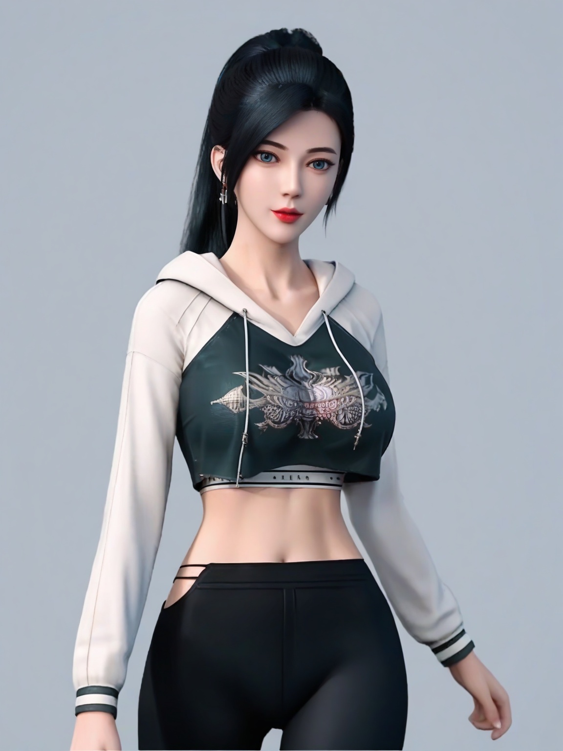 score_9,1girl,solo,crop top,standing,cropped hoodie,earrings,large breasts,black hair,lipstick,black pants,long sleeves,looking at viewer,cowboy shot,ponytail,<lora:SF_TangZiChen_Pony_Realism2.3-000004:0.7>,