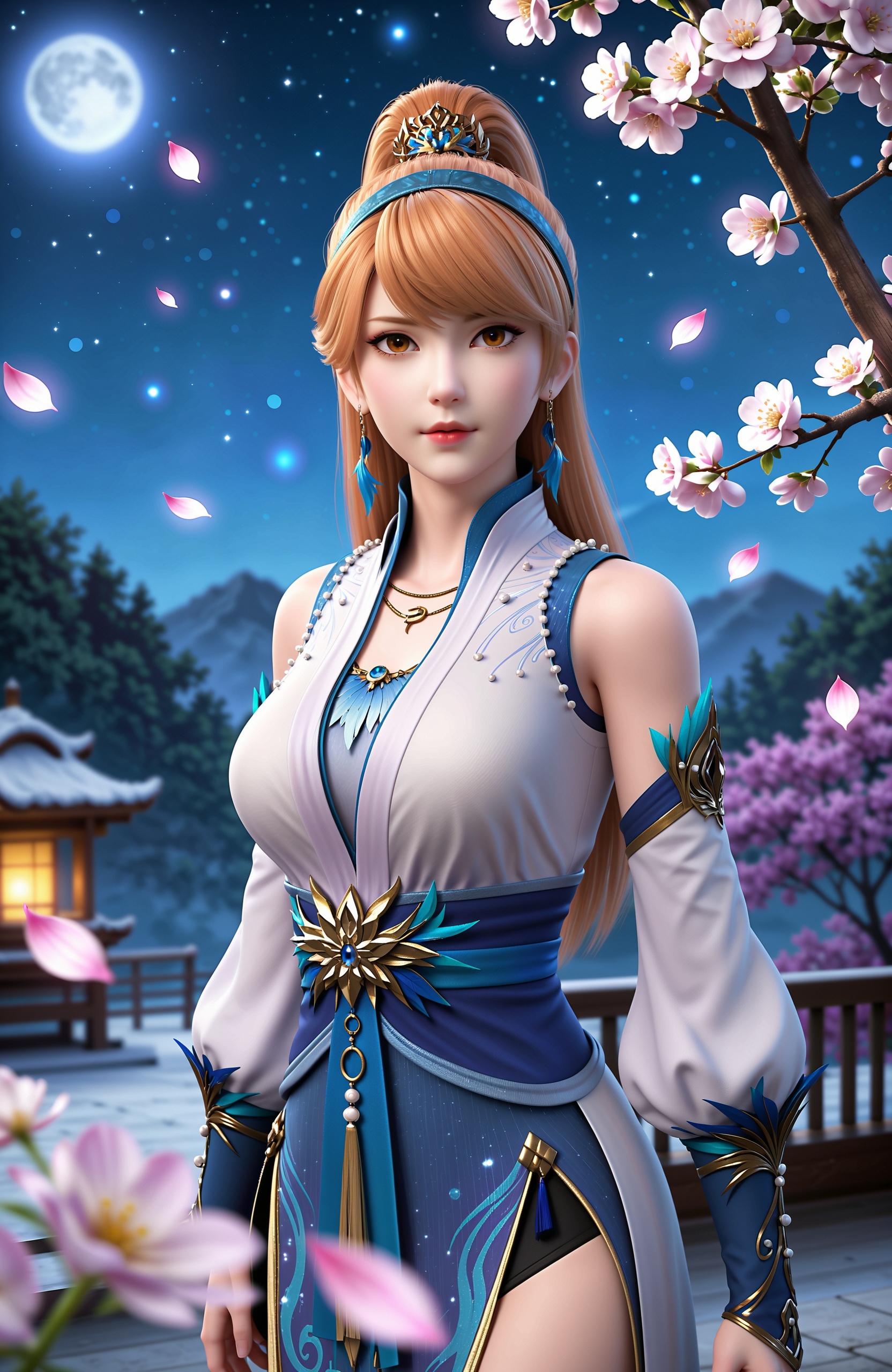 masterpiece,best quality,amazing quality,very aesthetic,high resolution,ultra-detailed,absurdres,scenery,photorealistic,looking at viewer,moody lighting,realistic,photorealistic details,falling petals,cherry blossoms, <lora:妖神记-肖凝儿Pony-v2:0.7> 1girl, long hair, ponytail, blue hairband, brown hair, brown eyes, hair ornament, necklace, detached sleeves,chinese clothes,, sash,high heel boots, 1girl,solo,shiny,shiny_hair,upper_body,fair_skin,white_skin,shiny_skin,shiny,Ivory_skin,looking at viewer,cinematic lighting,volumetric lighting,solo focus,blurry background,depth of field,night,sky,night sky,full moon,moonlight,