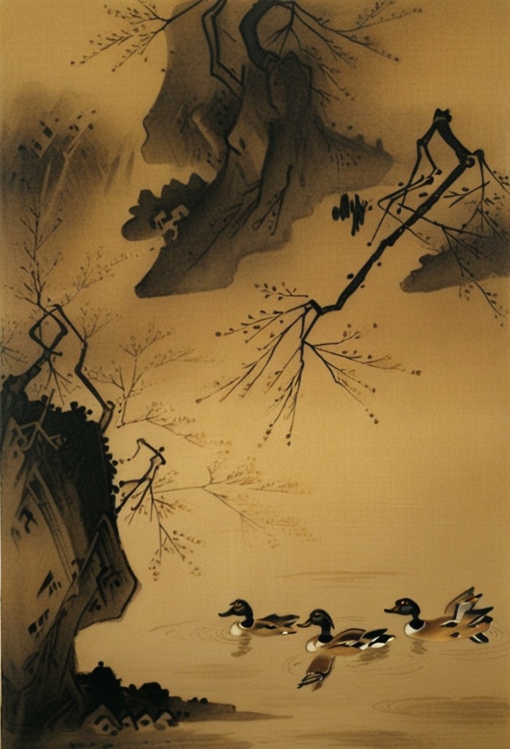 Yshanshui, no humans, monochrome, scenery, traditional media, tree, water, outdoors, sepia, branch a painting of ducks swimming in a pond with a tree in the background and a cliff in the foreground, <lora:XL_YSshanshuiV10:0.8>