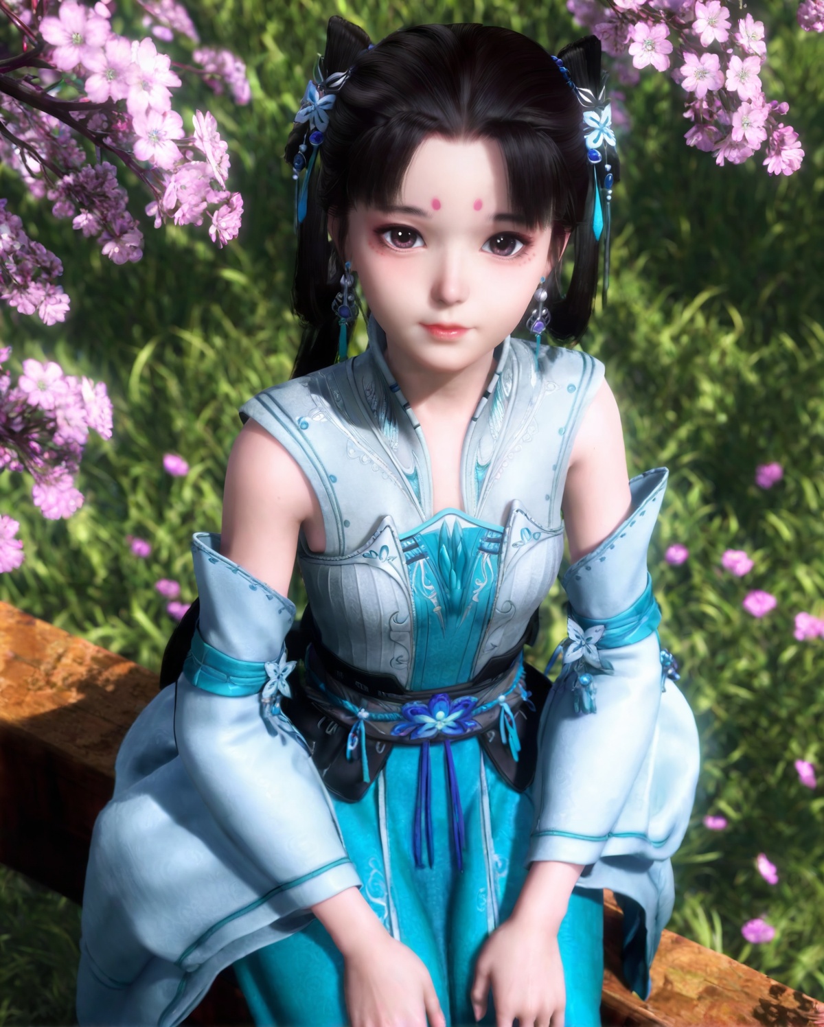 <lora:SF_XiaoLanLingE_Pony_Realism-000003:0.7>,1girl,solo,flower,forehead mark,twintails,dress,earrings,detached sleeves,facial mark,hair ornament,jewelry,sitting,looking at viewer,branch,black hair,long hair,from above,hair bun,blue dress,