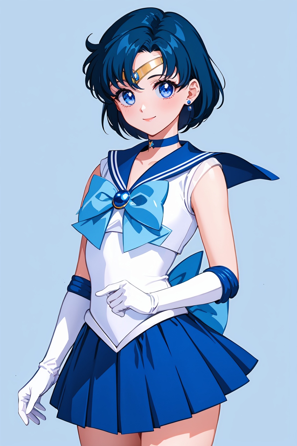 masterpiece,best quality, highly detailed, sailor mercury,1girl,solo,sailor senshi uniform,white gloves,blue skirt,blue sailor collar,elbow gloves,blue choker,smile,earrings,magical girl,pleated skirt,looking at viewer,tiara<lora:sailor_mercury:1>,simple background,white background