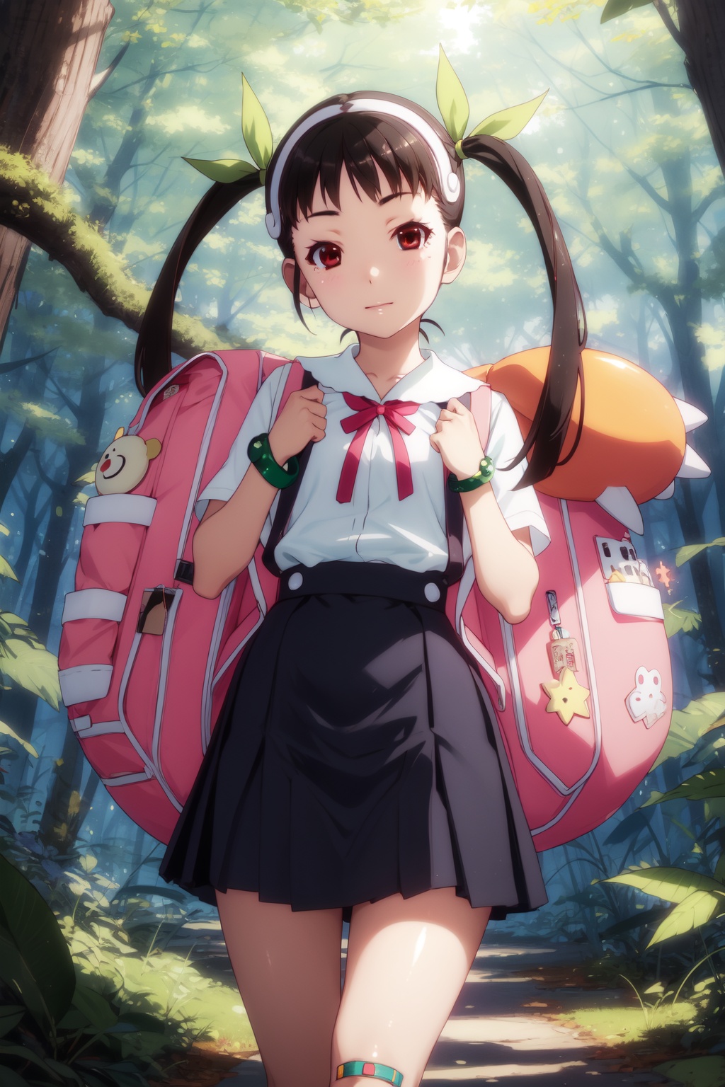 <lora:Hachikuji-000010:0.8>,Hachikuji cyql,1girl,looking at viewer,solo,black hair,long hair,twintails,hairband,ribbon,hair ribbon,green ribbon,red eyes,suspender skirt,backpack,bag,bandaid,bandaid on knee,school uniform,skirt,child,bracelet,Dopey, Wide-eyed, slack-jawed, and with a goofy expression.,full_shot,beautiful face,beautiful eyes,glossy skin,shiny skin,Sequoias, Ancient trees, Mossy trunks, Forest floor, Silence, Nature's cathedral, Hiking,(Grapevines, Harvested grapes, Vineyard rows, Wooden barrels, Harvest festival, Golden hour:0.6),beautiful detailed sky,beautiful detailed glow,posing in front of a colorful and dynamic background,masterpiece,best quality,beautiful and aesthetic,contrapposto,female focus,wallpaper,fashion,