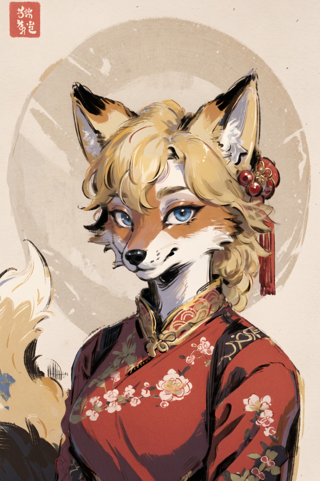 masterpiece,highres,furry fox girl,solo,blonde,chinese dress, hair ornament, anicent chinalooking at viewer, 