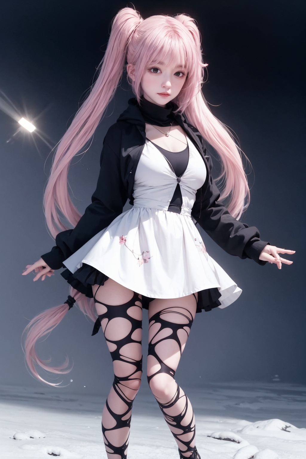 HDR,UHD,8K,best quality,highres,masterpiece,Highly detailed,1girl,full body,Anime,front view,lens flare,light_rays,cute face,big breasts,white skin,leg_warmers,puffer_jacket,print_scarf,pink hair,twintails,covering chest by hand,praying,eye-contact,narrowed eyes,light  blush,pasture,snowy mountain,winter,floral_background,,<lora:lrw3:0.7>,