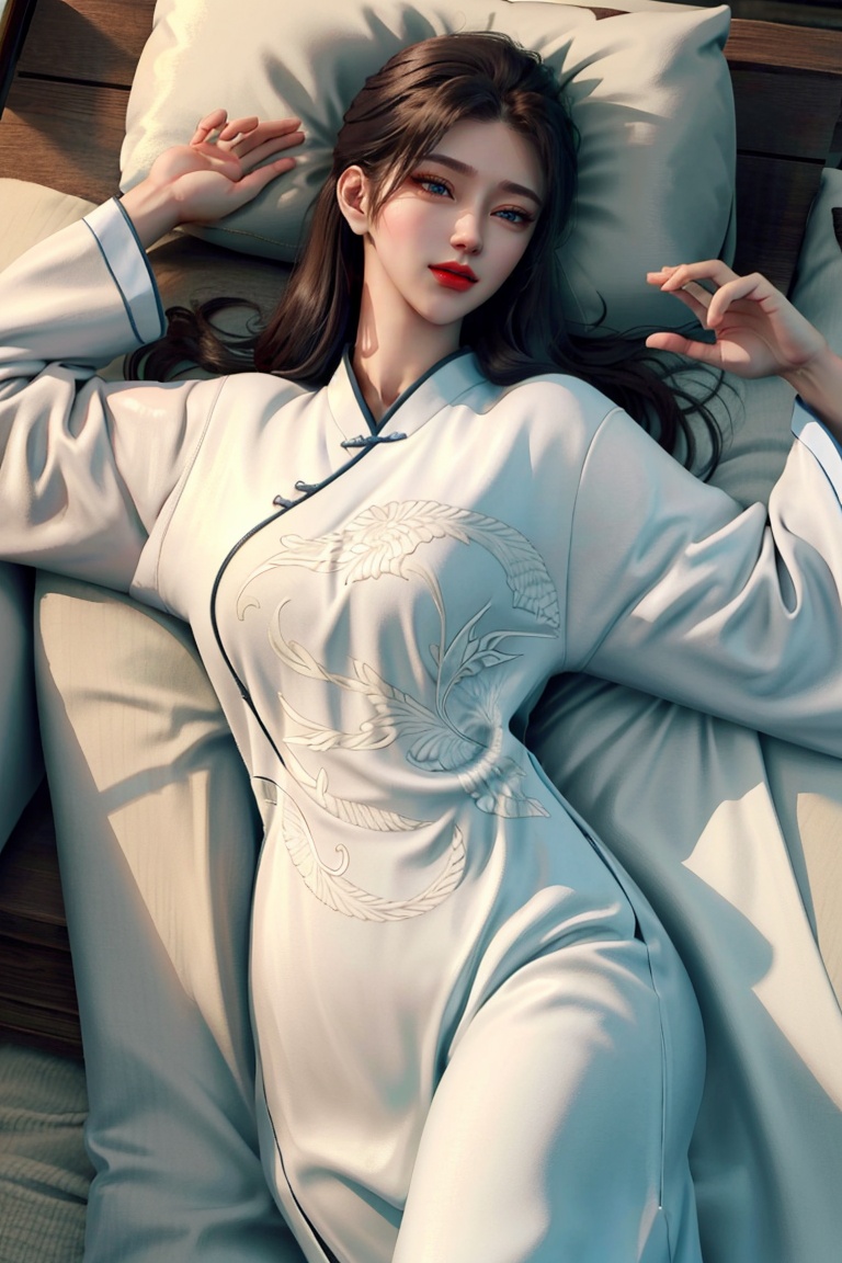 (8k, RAW photo, best quality, masterpiece:1.2),(realistic, photo-realistic:1.3), ultra-detailed, extremely detailed cg 8k wallpaper,(crystalstexture  skin:1.2), (extremely delicate and beautiful), (perfect hands, perfect fingers ,perfect anatomy:1.2),(good hands and fingers:1.3), (nice hands:1.3),1girl, solo, red lips, lips, lipstick, makeup, long sleeves, wide sleeves, chinese clothes, pants, looking at viewer, (cowboy shot:1.3), (lying on back), bed shee,<lora:韩国娃娃koreandolllikenessV20_v20:0.4>  <lora:TZC3:0.85>