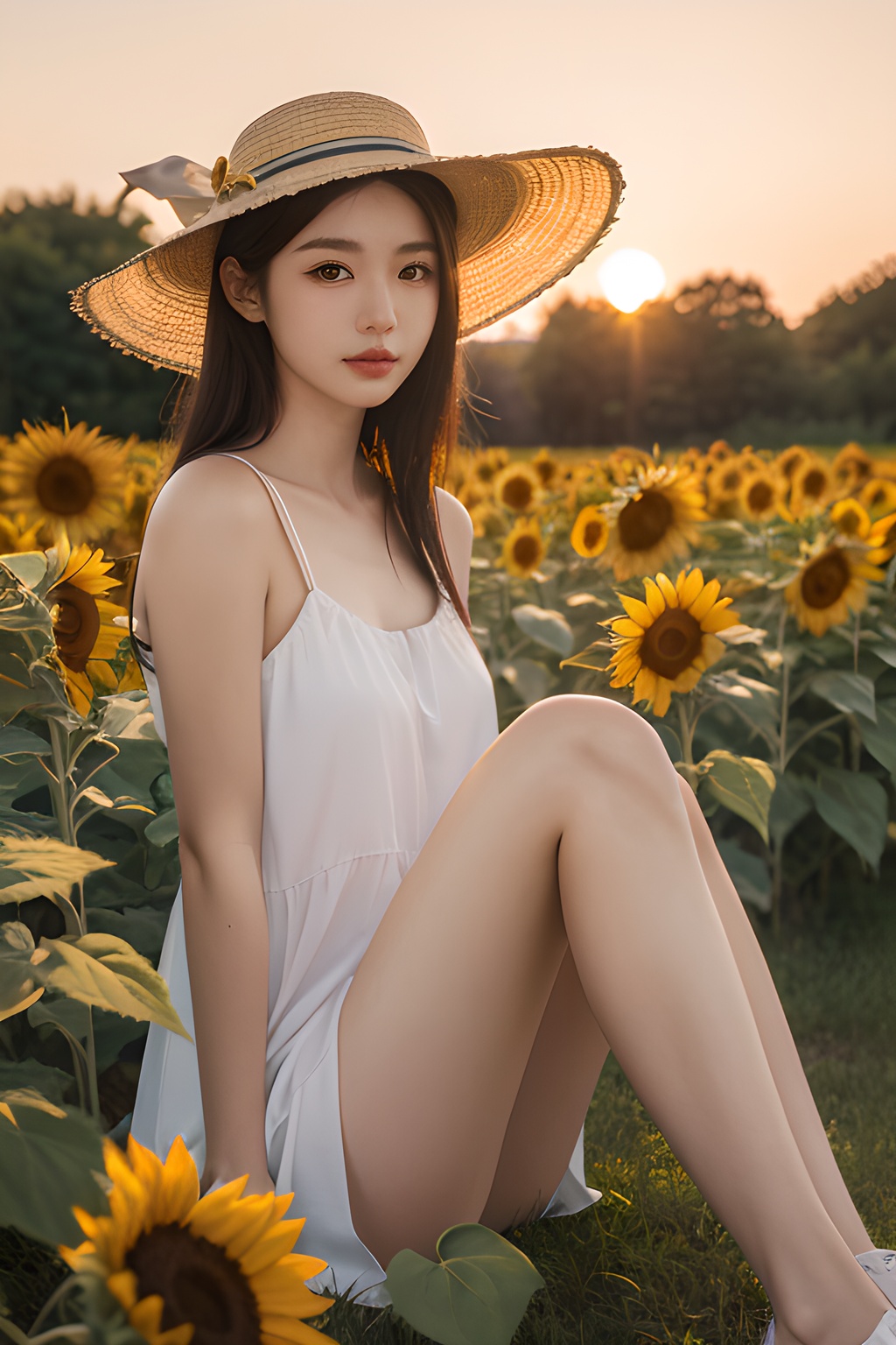 <lora:0812_02:0.7>,a girl with a sun hat, sitting in a field of sunflowers, bathed in the golden glow of sunset, warm hues, peaceful ambiance, natural beauty.korean girl,black hair,, 1girl,realistic,masterpiece, best quality, photorealistic, HDR,detail