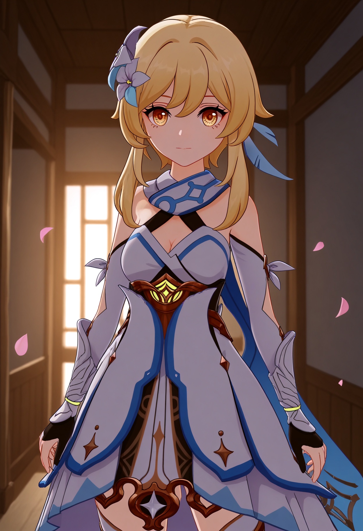 (cowboy shot:1.2),looking at viewer:1.1,masterpiece,(best quality),(mutated_hands:-1.2),(bad hands:-1.2),smog,Dark room,dim lighting,peach blossom,falling petals,<lora:YQ_Illustrious光辉二次元v1_荧_V1:0.8>,q1528437228,1girl,solo,lumine (genshin impact),blonde hair,hair ornament,dress,hair flower,white dress,short hair with long locks,detached sleeves,yellow eyes,scarf,sidelocks,feather hair ornament,gloves,white thighhighs,boots,