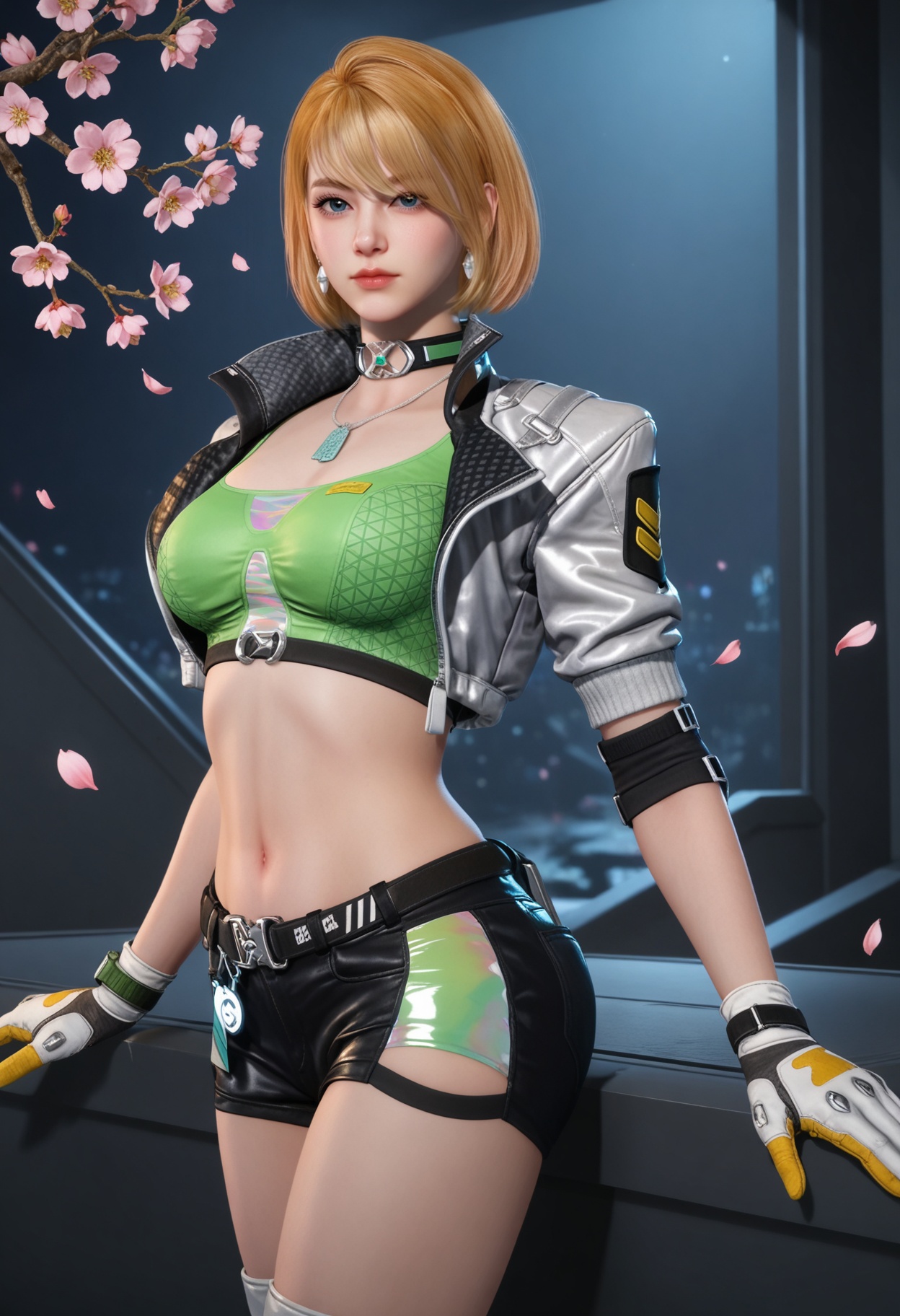 (cowboy shot:1.2),looking at viewer:1.1,masterpiece,(best quality),smog,Dark room,dim lighting,peach blossom,falling petals,<lora:YQ_Illustrious光辉v5_茉莉_V1:0.8>,q1528437228,1girl,blonde hair,jacket,short hair,solo,gloves,jewelry,cropped jacket,crop top,earrings,choker,shorts,short shorts,open jacket,black shorts,boots,dog tags,knee pads,blue eyes,necklace,white gloves,belt,