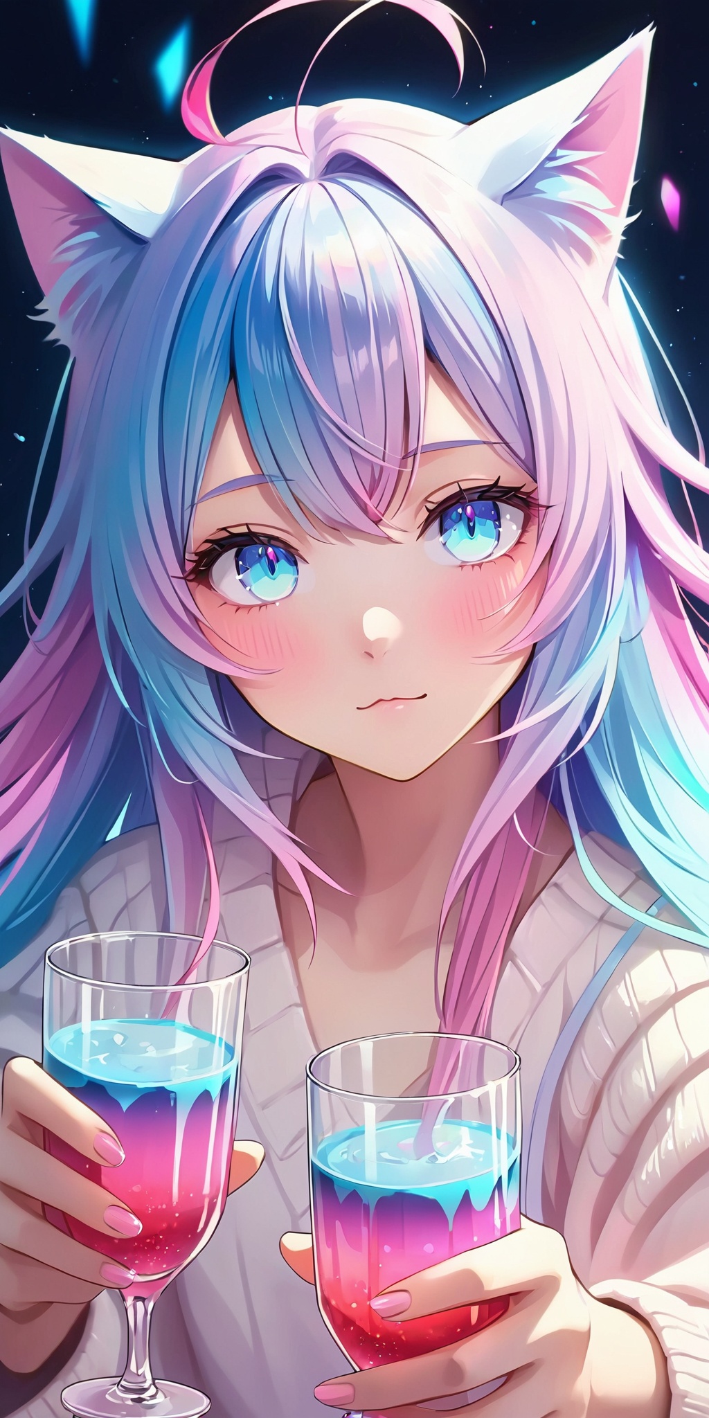 Best quality,masterpiece,cowboy shot,masterpiece,Splash color,soft lighting,(cocktail glass),1girl,solo,cat ears,multicolored hair,((gradient hair), white+(blue)+(pink:0.5) hair//),very long hair,messy hair,bangs,ahoge,((gradient eyes), pink+light_blue eyes//),slit pupils,glowing eyes,1fang,white sweater,