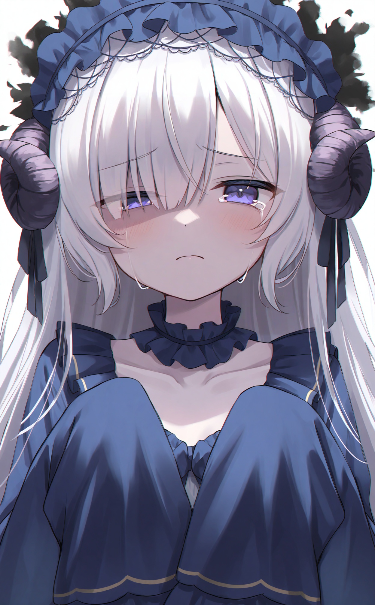 masterpiece,absurdres,best quality,loli,petite,high quality,chromatic_aberration,//,natsume_an-an,1girl,solo,hair_over_one_eye,purple_eyes,long_hair,horns,white_background,frilled_hairband,hairband,looking_at_viewer,sleeves_past_wrists,closed_mouth,simple_background,collarbone,frown,tears,white_hair,crying,curled_horns,lolita_hairband,long_sleeves,dress,sheep_horns,sleeves_past_fingers,upper_body,crying_with_eyes_open,very_long_hair,portrait,half-closed_eye,official_alternate_costume,blue_dress,tearing_up,frills,headdress,disgust,//,//,<lora:natsume_an-an——【noob】hans:0.5>,<lora:guizhencao2——【noob】hans:0.5>,