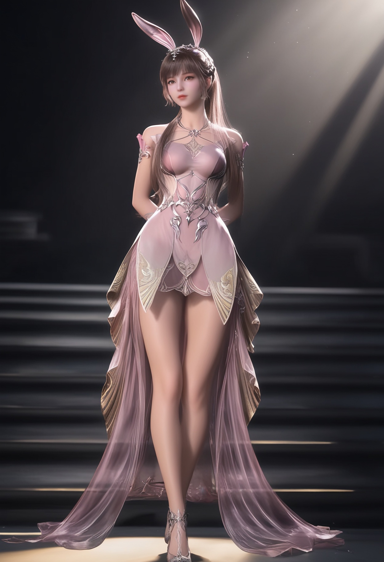 masterpiece,best quality,absurdres,highres,BREAK(glamor:1.1),slender,1girl,solo,<lora:小舞-ill:0.86>,xiaowu,long hair,brown hair,hair ornament,ponytail,bunny ears,brown eyes,jewelry,braid,pink dress,dress,long dress,high heels,bare legs,looking at viewer,front view,light blush,(arms behind back),BREAKsimple background,black background,rim light,Tyndall effect,Volumetric Lighting,Cinematic Lighting,realistic,depth of field,