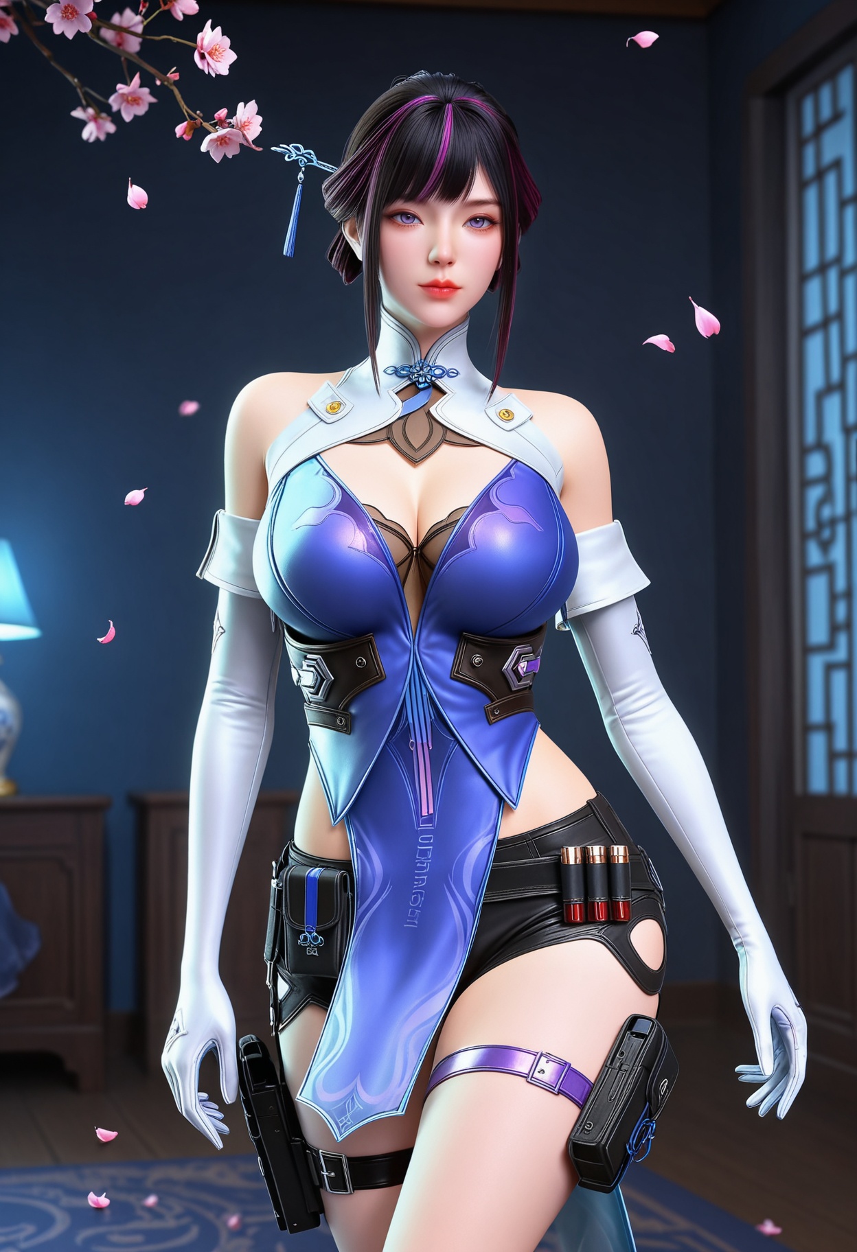 (cowboy shot:1.2),(gigantic breasts:0.8),(Perky boobs:1.3),(looking at viewer:1.1),facing viewer,direct gaze,(masterpiece:1.1),(best quality:1.2),(intricate details),(smog:1.3),(Dark room:1.3),(dim lighting:1.3),peach blossom,falling petals,<lora:YQ_Illustrious光辉v5_虹儿_V1:0.8>,1girl,q1528437228,solo,gloves,dress,short hair,shorts,chinese clothes,purple eyes,thigh strap,holster,hair bun,hair ornament,sidelocks,thigh holster,detached sleeves,high heels,masterpiece,(best quality),(intricate details:0.9) BREAK (intricate details:0.9),(realistic skin:1.2),masterpiece,best quality,newest,absurdres,hiahres,