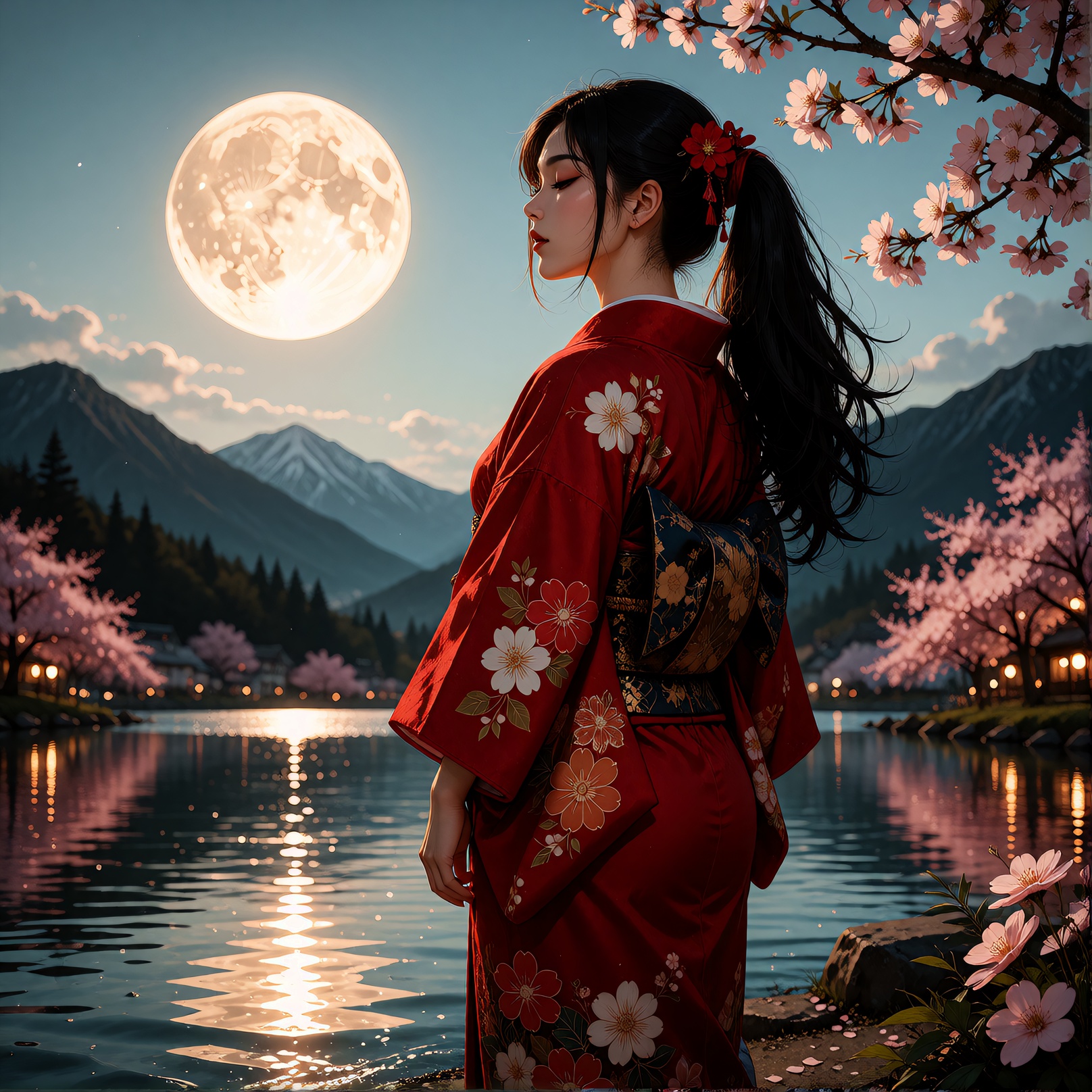 A beautiful japanese woman in a traditional red kimono with floral patterns stands alone in the middle of the image,  look...