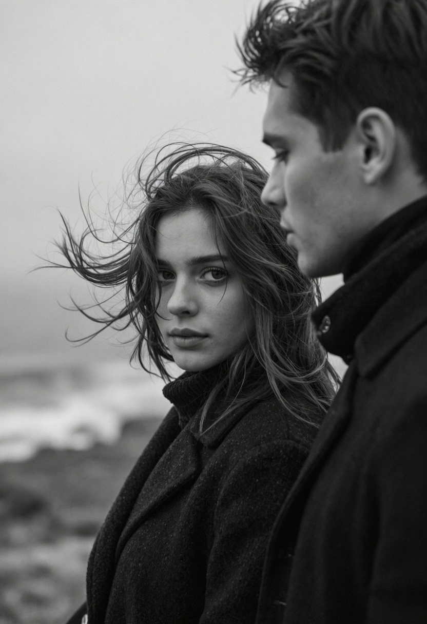 A poetic monochrome close-up scene of an woman with windswept hair turning toward the camera while a man stands just behin...