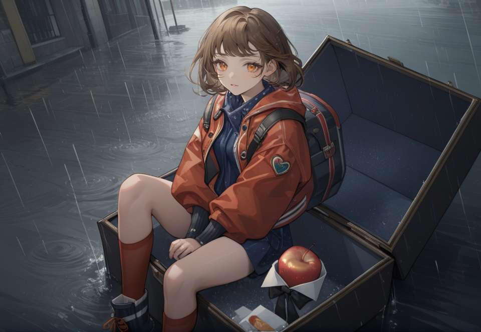 (best quality), ((masterpiece)), (highres), illustration, original, extremely detailed, <lora:GAME美学のTOP_重返未来:0.7>1girl, brown hair, fruit, solo, sitting, food, rain, looking at viewer, orange eyes, apple, jacket, socks
