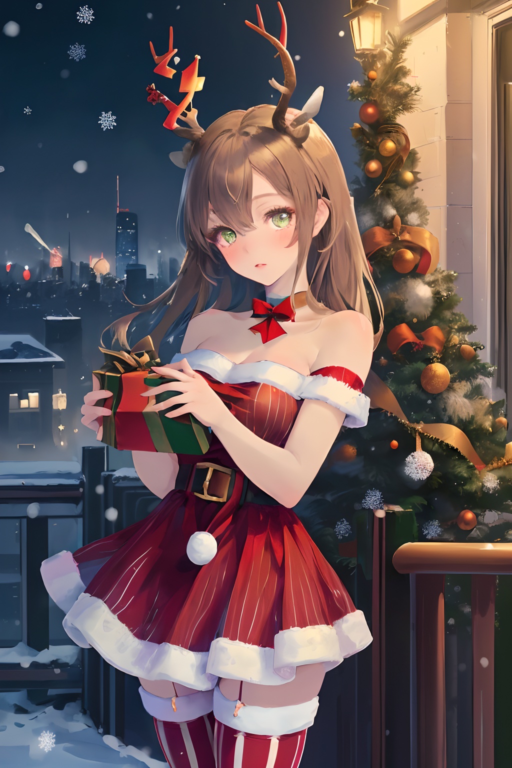 christmas dres，s1girl,christmas,bare shoulders,antlers,(cowboy shot close-up),standing,exquisite eyes,night,cityscape,snowing,striped stockings,elegant posture,,(an extremely delicate and beautiful),(best quality),((masterpiece)),intricate detail,(masterpiece, high quality, best quality),<lora:christmas dress-000006:0.6>,