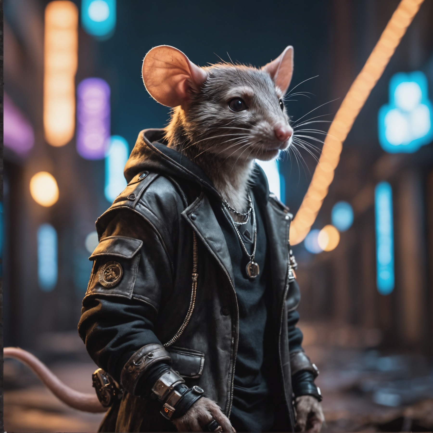 cyberpunk anthro rat male wearing cyberpunk outit in a destroyed city . shallow depth of field,  vignette,  highly detaile...