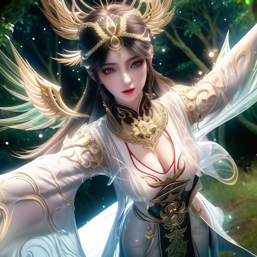 <lora:770-DA-完美世界-火灵儿-婚服:0.8>, (,1girl, ,best quality, ),looking at viewer,  ,ultra detailed background,ultra detailed background,ultra realistic 8k cg,(masterpiece:1.2),(best quality:1.2),(ultra detailed:1.2),(official art:1.3),(beauty and aesthetics:0.8),detailed,(intricate:0.8),(highly detailed),(solo),delicate countenance,1girl,fancy,(glassy texture:1.2),(crush:1.2),8k,accessory,tattoo,(transparent:1.1),gown,energy encirclement,instant,in the twinkling of an eye,upper body,woman in a mythical forest, masterpiece, perfect face, intricate details, horror theme, raw photo, photo unp(cleavage),, ,