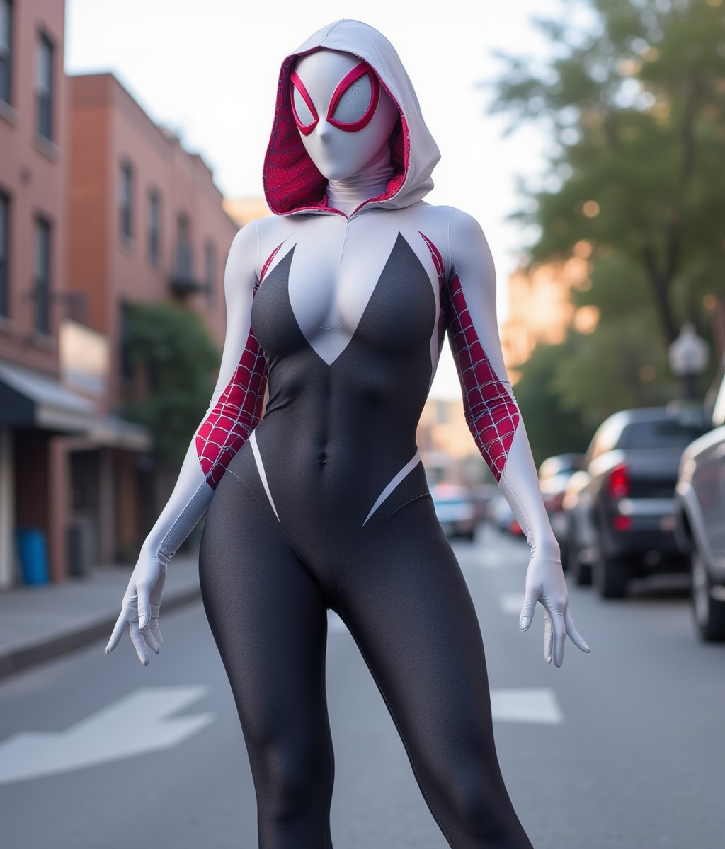 a photo of a full body SpiderGwen wears a mask and hood. She stands in the street. on Tensor.Art