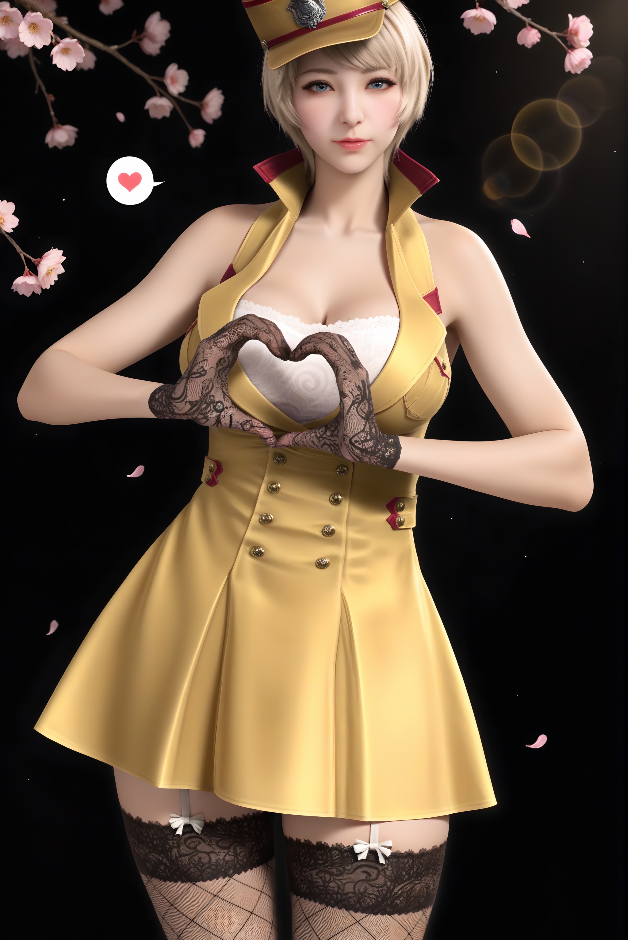 masterpiece,best quality,absurdres,highres,plump,curvy,mature female,<lora:潜-灵狐-ill:0.85>,1girl,solo,blonde hair,short hair,blue eyes,halter dress,high collar,bare shoulders,military hat,lace-trimmed legwear,fishnet thighhighs,garter straps,black gloves,lace gloves,collarbone,large breasts,heart,spoken heart,(heart hands),(cleavage cutout),cleavage, looking at viewer,(front view),BREAK(white_skin:1.1),(fair_skin:1.1),realistic,twig,branch,falling petals,simple background,black background,rim light,Volumetric Lighting,lens flare,Tyndall effect,depth of field,bokeh,sparkle,<lora:Skin color slider - Illustrious_alpha1.0_rank4_noxattn_last:-1>,