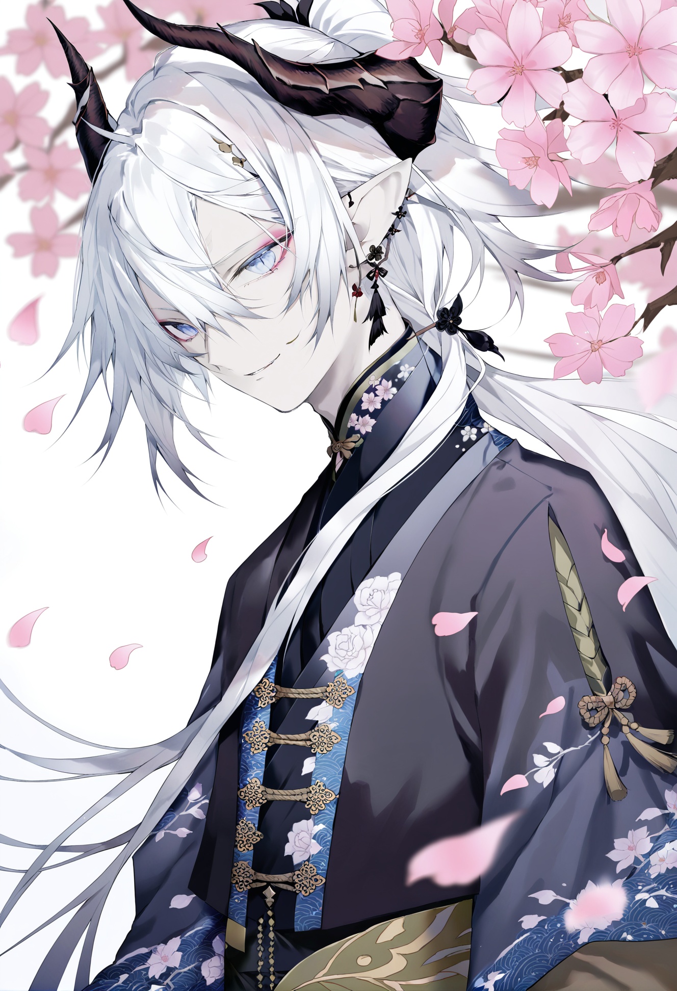 masterpiece, best quality,1boy,   solo, jewelry, white hair, long hair, looking at viewer, smile, earrings, blue eyes, flower, horns, upper body, cherry blossoms, closed mouth, petals, hair between eyes, falling petals, dragon horns, branch, simple background, ponytail, single earring, jinbaori, dragon boy, japanese clothes, low ponytail, colored skin, high ponytail, official alternate costume, pink flower, white background, pointy ears <lora:kotrou020XLlokr8f-000180:0.95>