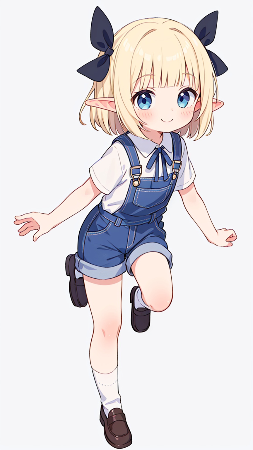 (masterpiece),(best quality),illustration,1girl,loli,(child),kawaii,solo,elf,blonde hair,short hair,blunt bangs,elf ears,blue eyes,ribbon,neck ribbon,black ribbon,bangs,smile,shirt,blue ribbon,overalls,shorts,bobby_socks,loafers,