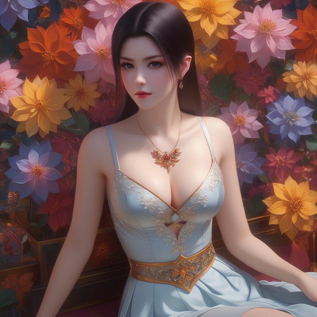 <lora:850-DA-XL-斗破苍穹-美杜莎-红色睡衣:0.8>, (,1girl, ,best quality, ),,,anime,(masterpiece, top quality, best quality, official art, beautiful and aesthetic:1.2), (1girl)	, , (cleavage),, extreme detailed,(fractal art:1.3),colorful, flowers ,highest detailed,(by Jeremy Lipking)    (cleavage),,  (), (sit),