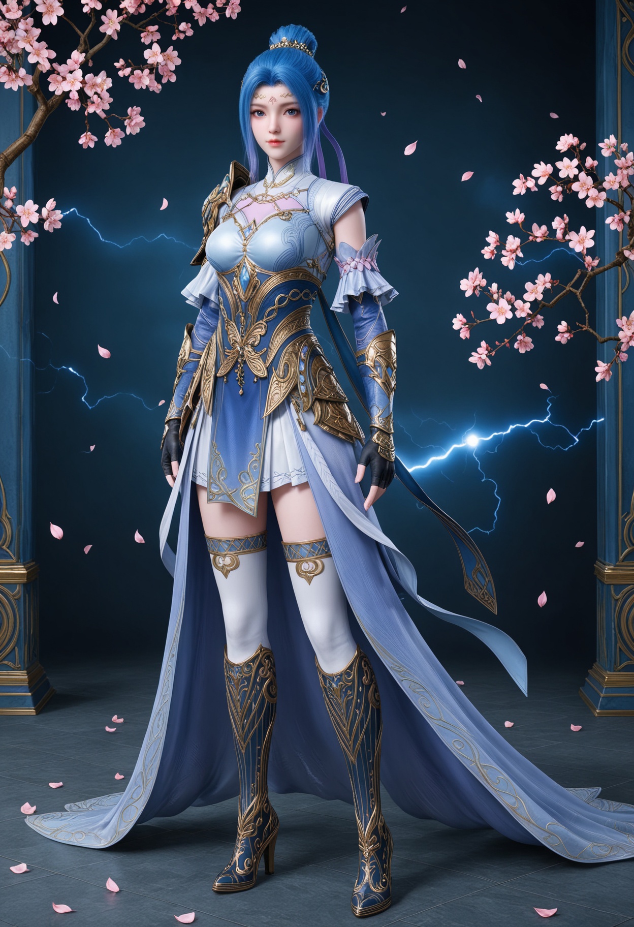 (standing full_body:1.1),(looking at viewer:1.1),masterpiece,(best quality),smog,Dark room,dim lighting,peach blossom,falling petals,<lora:YQ_Illustrious光辉v5_唐舞桐_服装4_V1:0.8>,q1528437228,1girl,solo,blue hair,dress,blue eyes,hair bun,hair ornament,armor,gloves,single hair bun,forehead mark,white dress,fingerless gloves,boots,thighhighs,shoulder armor,high heels,short hair,long hair,blue dress,high heel boots,black gloves,detached sleeves,knee boots,multicolored hair,pauldrons,jewelry,skirt,white thighhighs,