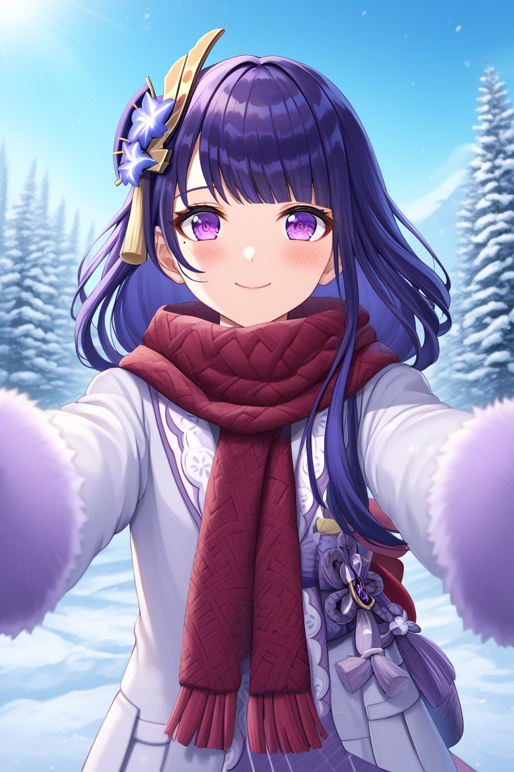 score_9,score_8_up,score_7_up,score_6_up,source_anime,source_cartoon,<lora:raiden shougunTuPONYXL-000001:1>,raiden shogun, 1girl, purple eyes, scarf, mole under eye, looking at viewer, purple hair, solo, long hair, smile, mittens, meme, sky, blush, reaching towards viewer, coat, red scarf, purple scarf, winter clothes, long sleeves, reaching, outstretched arms, pov, closed mouth, outdoors, white coat