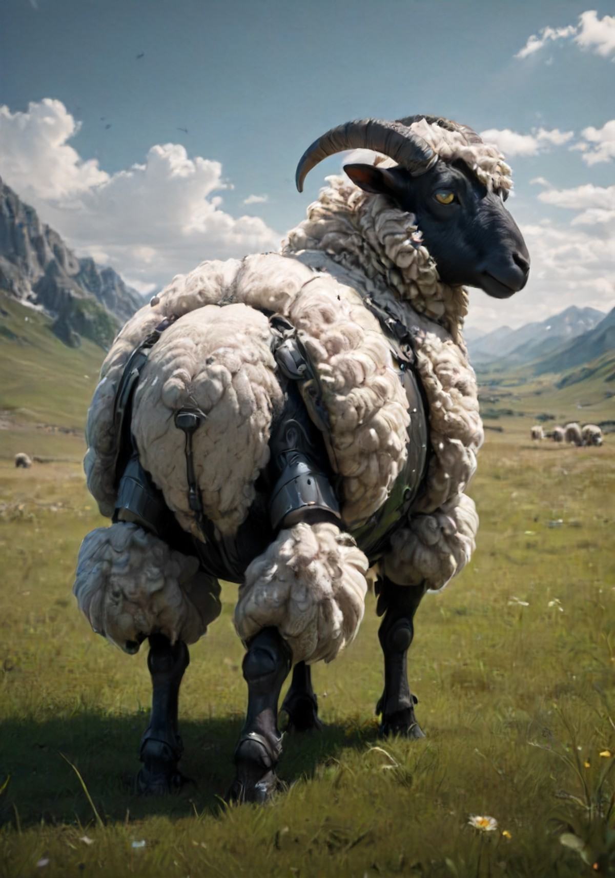 concept art,  depiction of an armored sheep looking backwards wearing fluffy armor ready to protect its fluff,  meadow on...