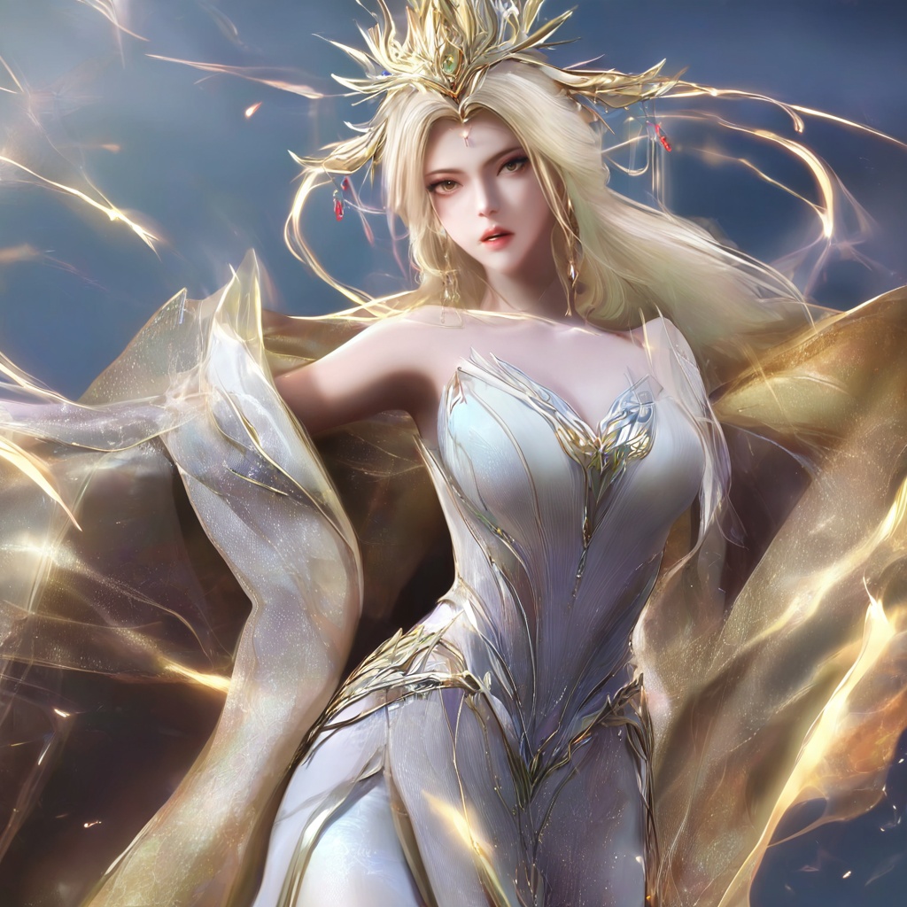 masterpiece,best quality,cinematic,(ultra-detailed),perfect composition,intricate details,absurdres,detailed face,high quality,high res,8K,1girl,solo,hair ornament,long hair,cowboy_shot,white dress,jewelry,earrings,dress,white hair,bare shoulders,looking at viewer,parted lips,realistic,teeth,blonde hair,gold long dress,barefoot,hoodie,leggings,