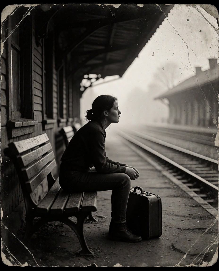 analog_feel,  a forgotten memory of departure,  a young woman sitting on a worn wooden bench at an old train station on Te...