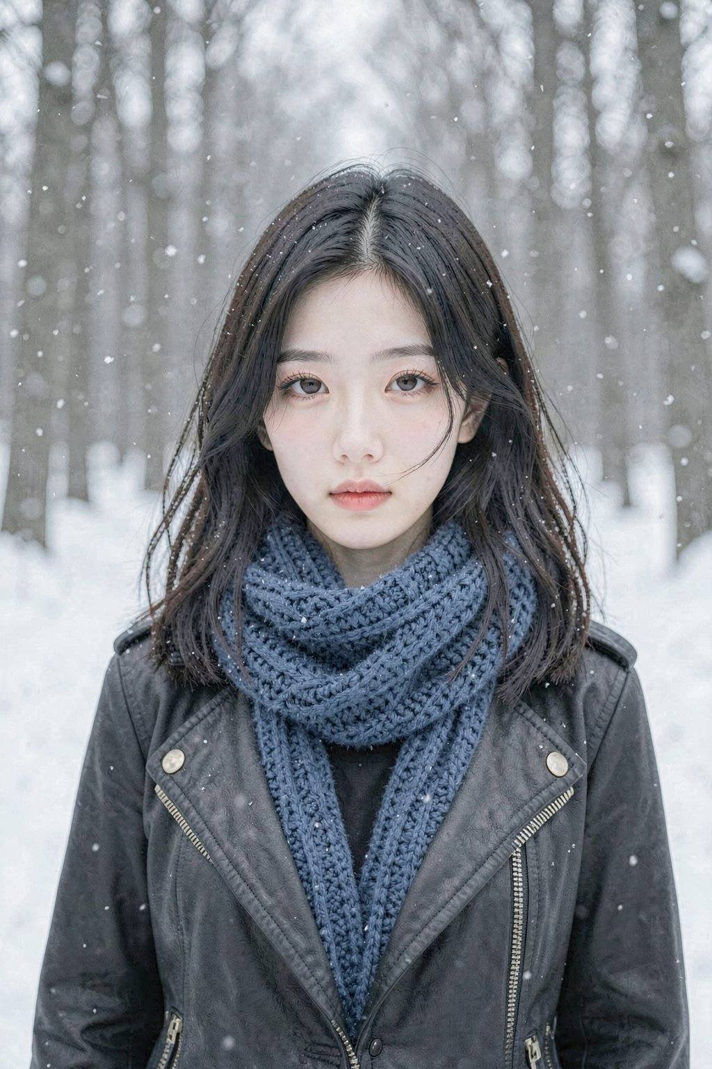 This is a high-resolution photograph featuring a young Asian woman with a fair complexion and delicate features. She has shoulder-length, dark brown hair that is slightly tousled by the wind, with a few strands falling across her forehead. Her eyes are large and almond-shaped, with a striking, light brown hue. She is wearing a thick, knitted blue scarf wrapped around her neck, adding warmth and texture to the image. Over her scarf, she wears a black, leather jacket with gold buttons, giving her an edgy, yet cozy look. Snowflakes are gently falling around her, adding a serene, wintry ambiance to the scene. The background consists of a snow-covered forest with tall, bare trees, creating a sense of depth and isolation. The soft, diffused lighting enhances the natural textures of the snow and the woman's clothing, making the image appear both intimate and ethereal. The overall mood is calm and contemplative, capturing the beauty of a quiet, snowy day in a forest setting.