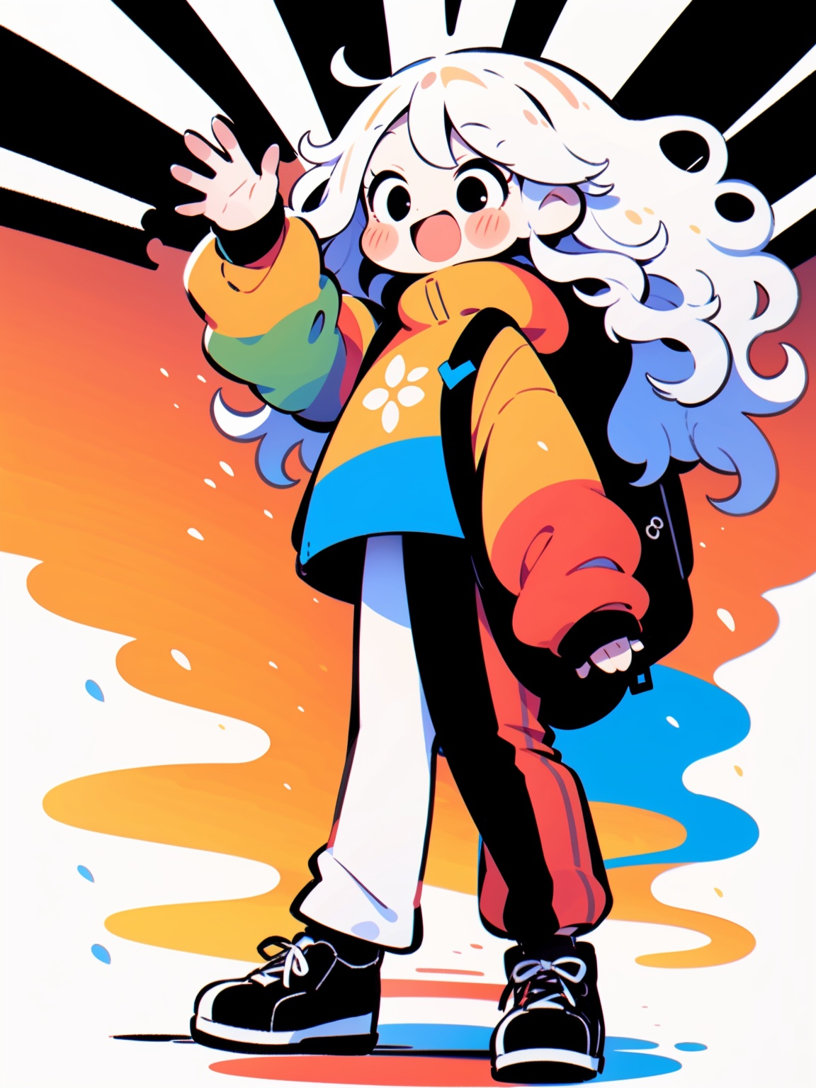HTTP, 1girl, solo, smile, black footwear, white hair, black eyes, open mouth, long hair, long sleeves, waving, blush, white background, full body, no nose<lora:HTTP_20231126194709-000006:1>