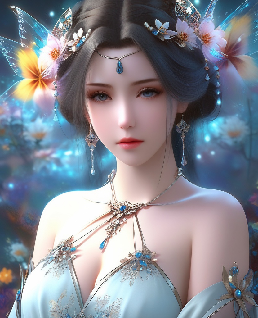 <lora:604-DA-XL-星辰变-姜立V2-新衣:0.8>(,1girl, ,best quality, ),looking at viewer,,anime,(masterpiece, top quality, best quality, official art, beautiful and aesthetic:1.2), (1girl)	, , (cleavage),extreme detailed,(fractal art:1.3),colorful, flowers ,highest detailed,(by Jeremy Lipking)    (cleavage), (),