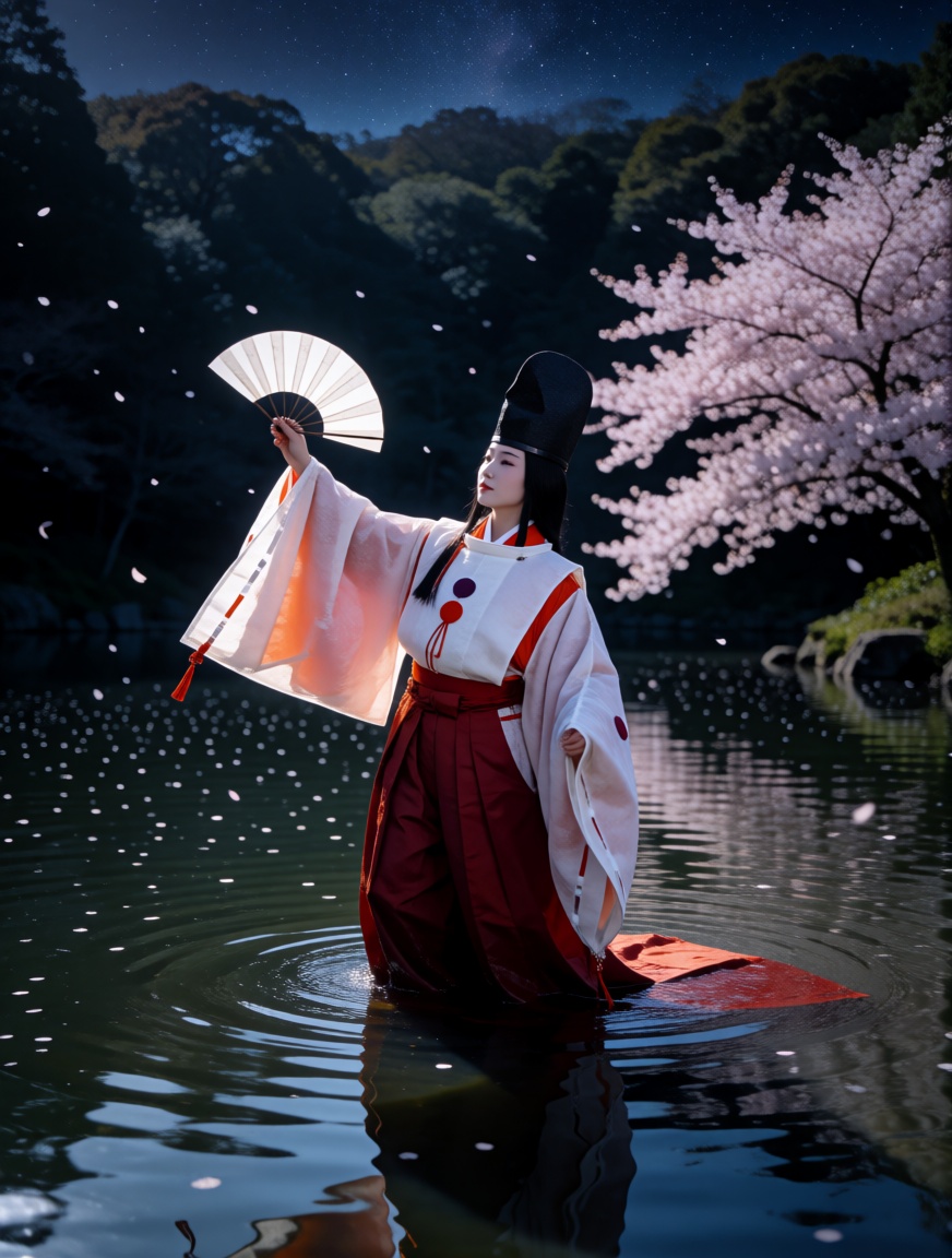 shirabyoshi,  This is a photograph with an ethereal atmosphere depicting a beautiful Japanese woman dressed in traditional...