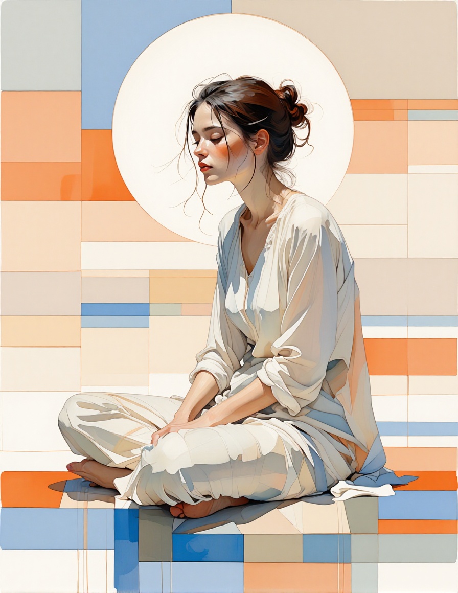 VarcoterolV7 art style — A serene female figure sits cross-legged on a geometrically fragmented platform composed of layer...