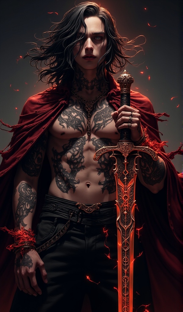 In a half-body portrait,the vampire's body leans slightly forward,his eyes tightly fixed on the front,as if searching for prey. His long hair flutters in the wind,and his tattered cloak sways with the breeze,revealing glowing tattoos. These tattoos form eerie images on his skin,**** cursed symbols. One of his hands clutches an ancient sword,the blade of which is engraved with mysterious runes,exuding an ominous aura.,