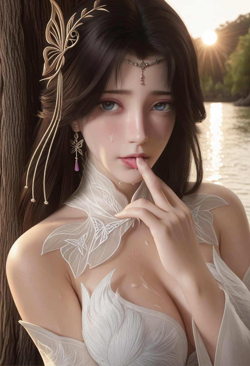masterpiece,best quality,amazing quality,high resolution,ultra-detailed,absurdres,(looking at viewer:1.1),upper body,(moody lighting:1.1),(large breasts:0.8),1girl,solo,long hair,makeup,BREAKcollarbone,sheer overlay,bare shoulders,sheer collar,high collar,jewelry,hair ornament,dangling earrings,forehead decoration,detached sleeves,fantasy dress BREAK photorealistic details,<lora:云曦gh:0.8>,shy,blush,under the tree,sun,sunlight exposure,shyi,water stains on the face,lick finger,water drop,