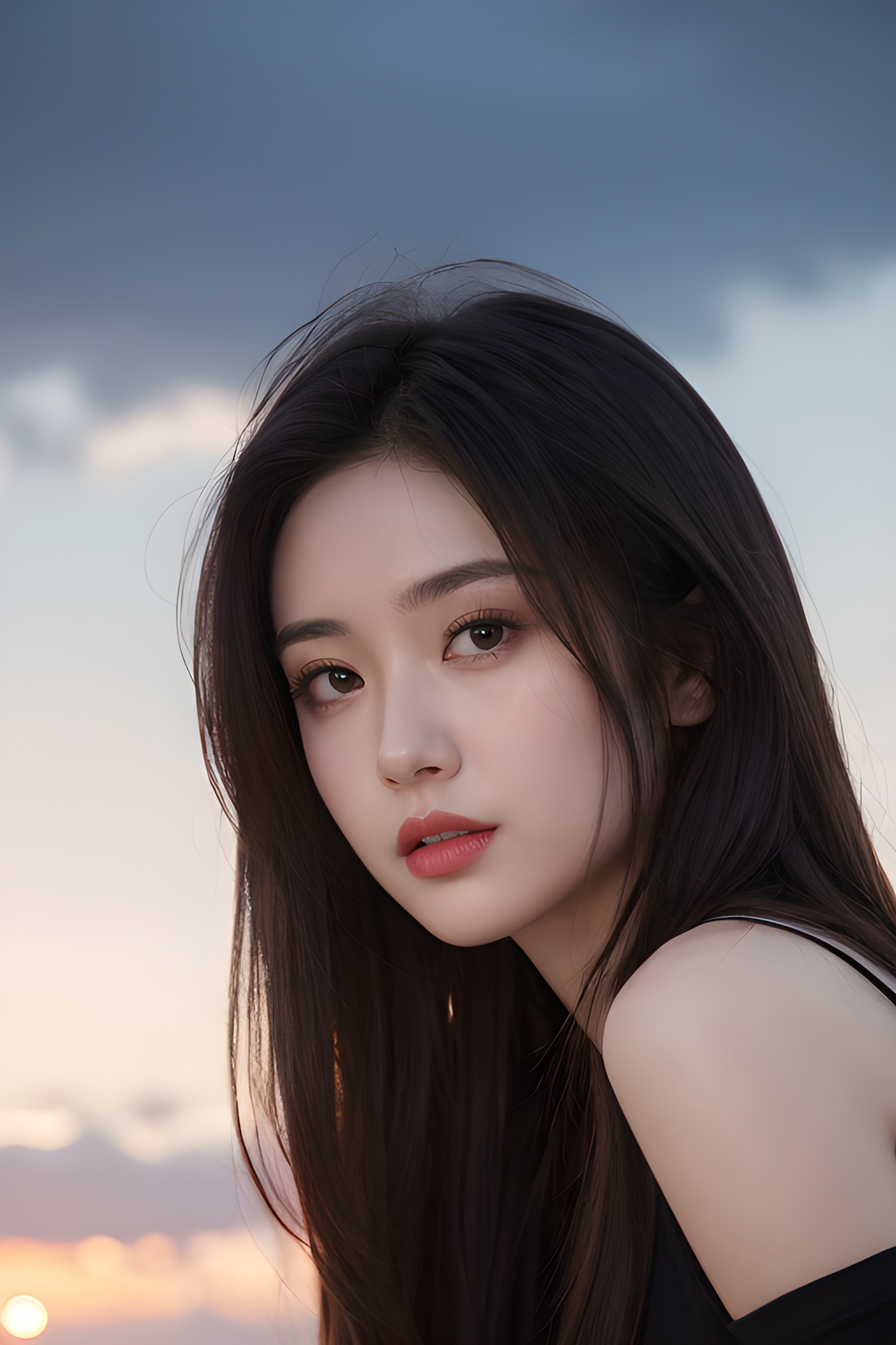 <lora:0816_04:0.7>,Frontal photography,Look front,evening,dark clouds,the setting sun,On the city rooftop,A 20 year old female,Black top,Black Leggings,black hair,long hair, dark theme, muted tones, pastel colors, high contrast, (natural skin texture, A dim light, high clarity) ((sky background))((Facial highlights)),, 1girl,realistic,masterpiece, best quality, photorealistic, HDR,detail